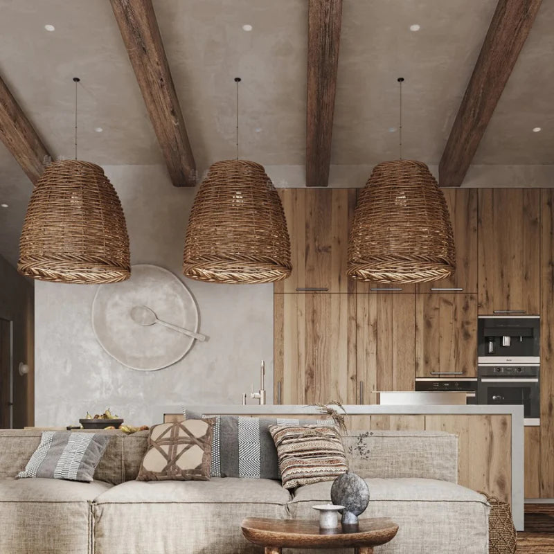 Handwoven Rattan Pendant Chandelier, E27, Vintage Style