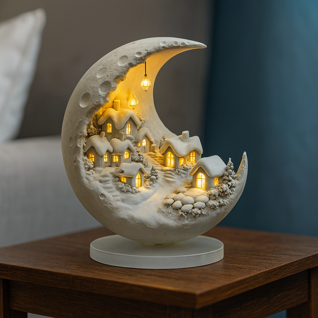 Illuminated Acrylic Moon Light with Winter Village Scene