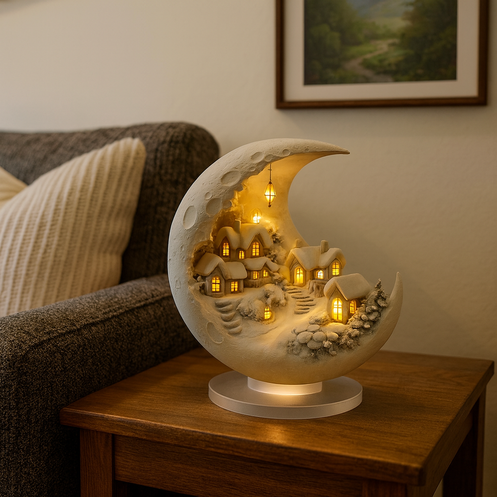 Illuminated Acrylic Moon Light with Winter Village Scene