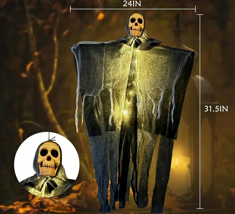 Light-Up Hanging Ghost with Skull and Gauze, Three Light Colours