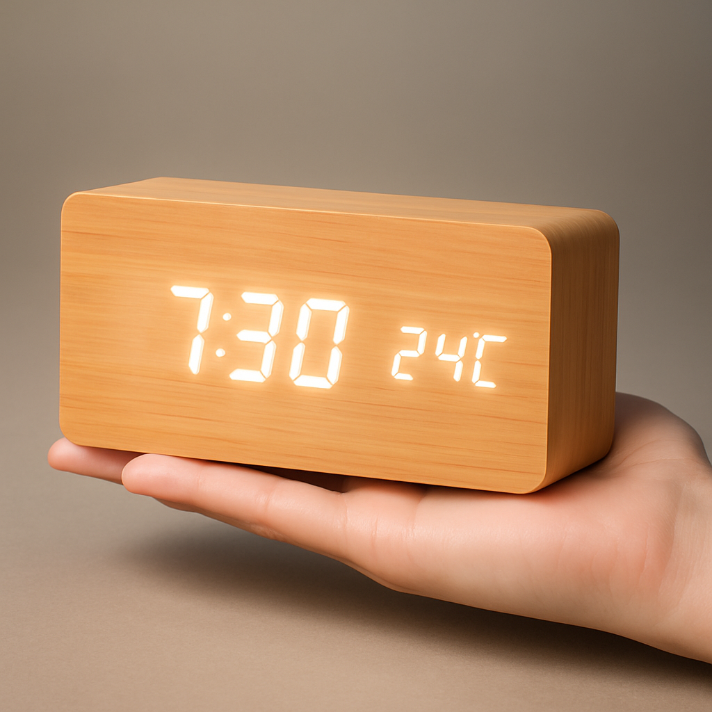Wooden Digital LED Clock, Dimmable Display, USB Powered