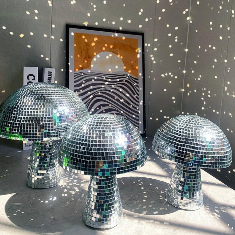 Retro Mirror Tile Mushroom Ornament, Disco Ball Style