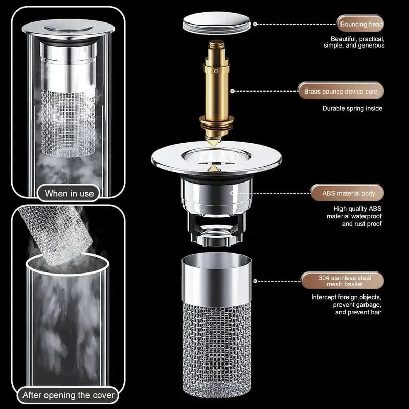 Solid Brass Pop-Up Basin Waste Plug 26-32mm with Hair Filter