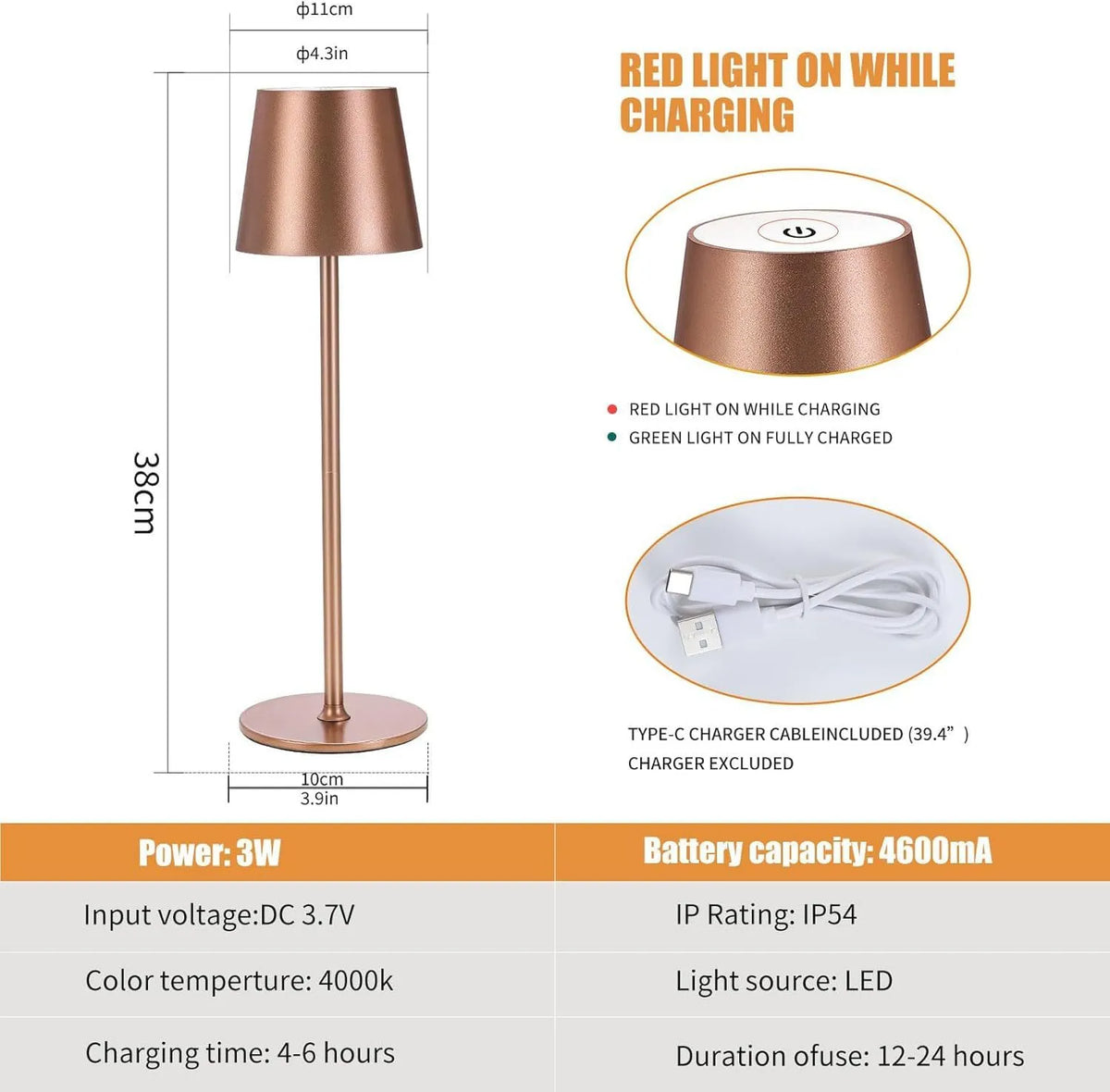 Cordless Metal Table Lamp with Built-In Battery, 38 cm