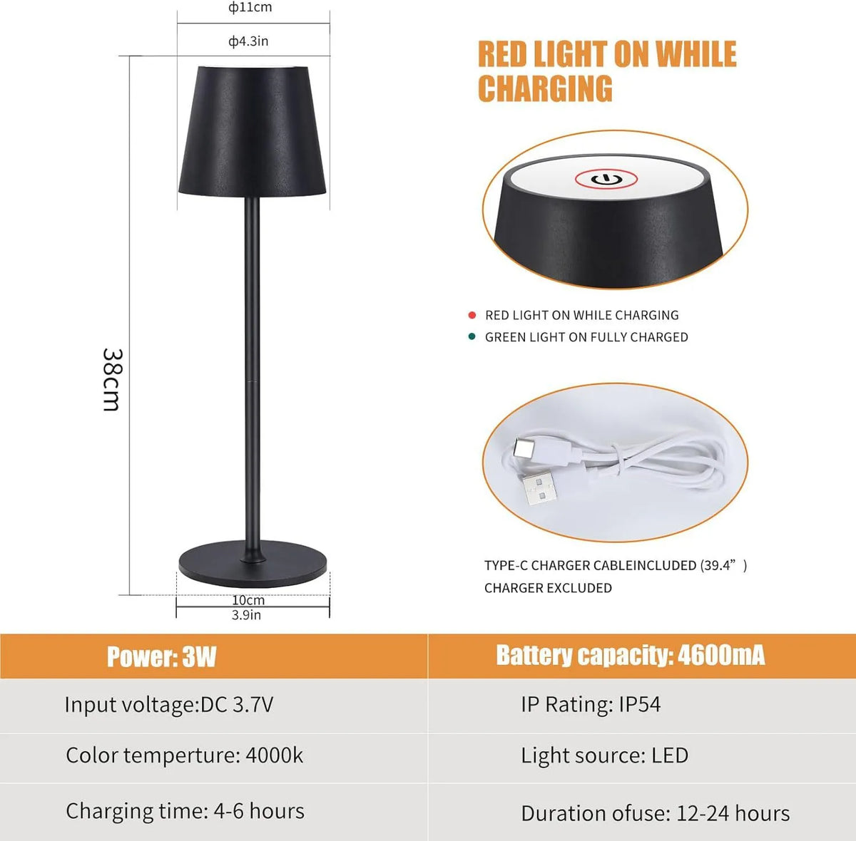 Cordless Metal Table Lamp with Built-In Battery, 38 cm