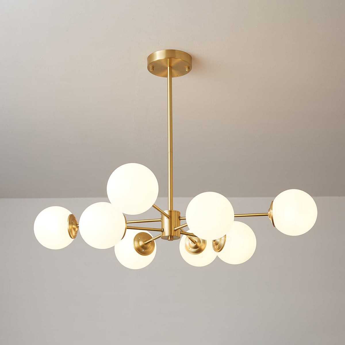 Opal Glass Globe Chandelier with Brass Finish, 6 to 16 Lights