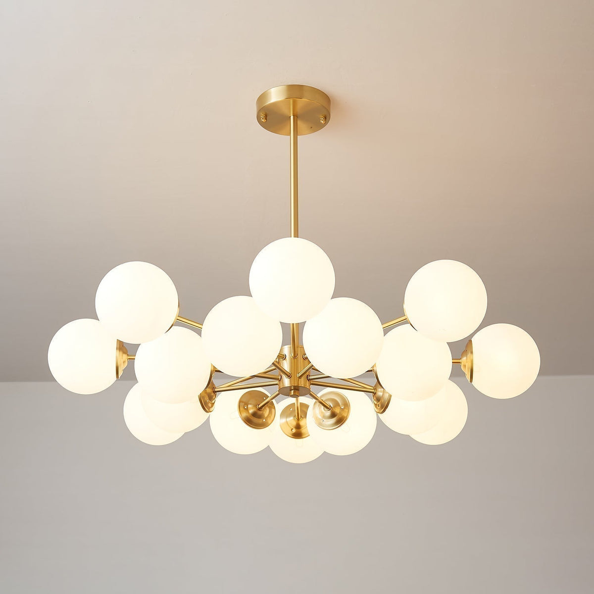 Opal Glass Globe Chandelier with Brass Finish, 6 to 16 Lights