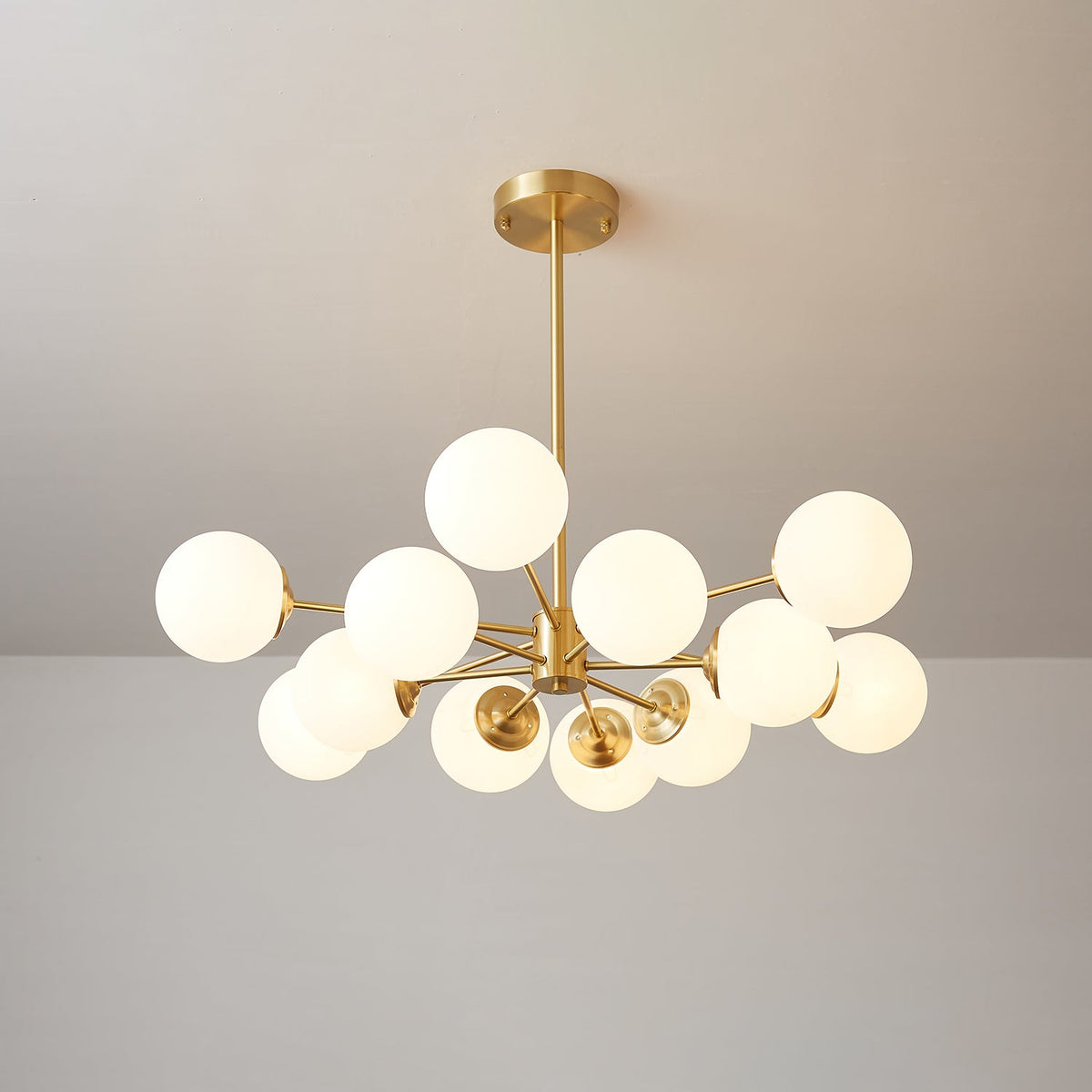 Opal Glass Globe Chandelier with Brass Finish, 6 to 16 Lights