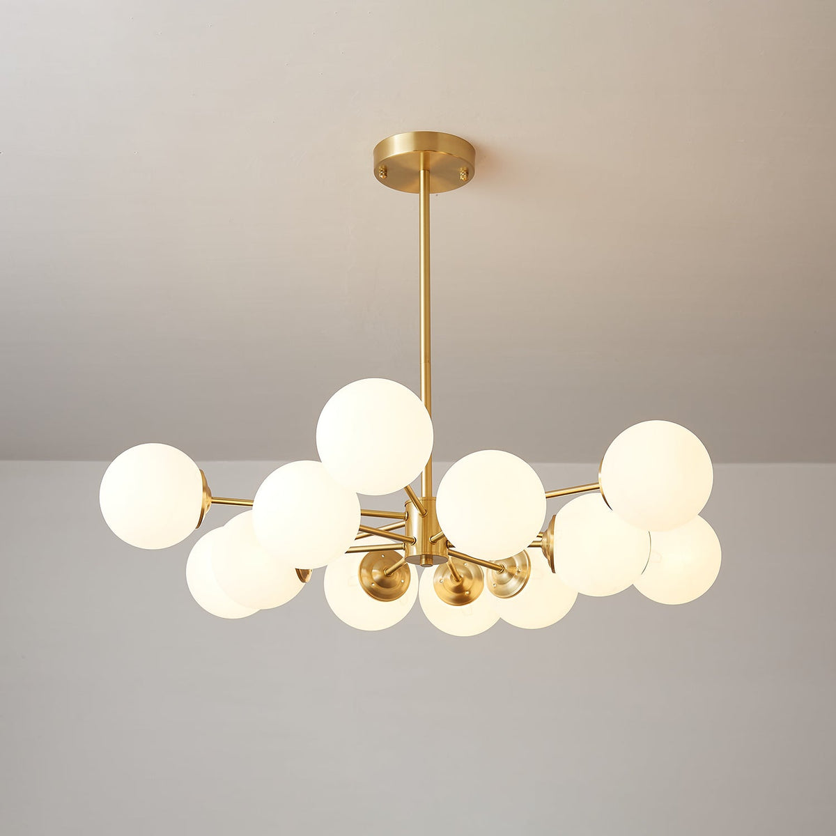 Opal Glass Globe Chandelier with Brass Finish, 6 to 16 Lights