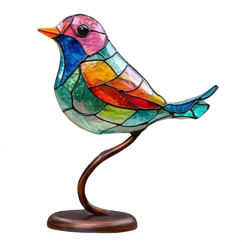 Handmade Glass Birds on a Branch Ornament, Colourful Desk Decor