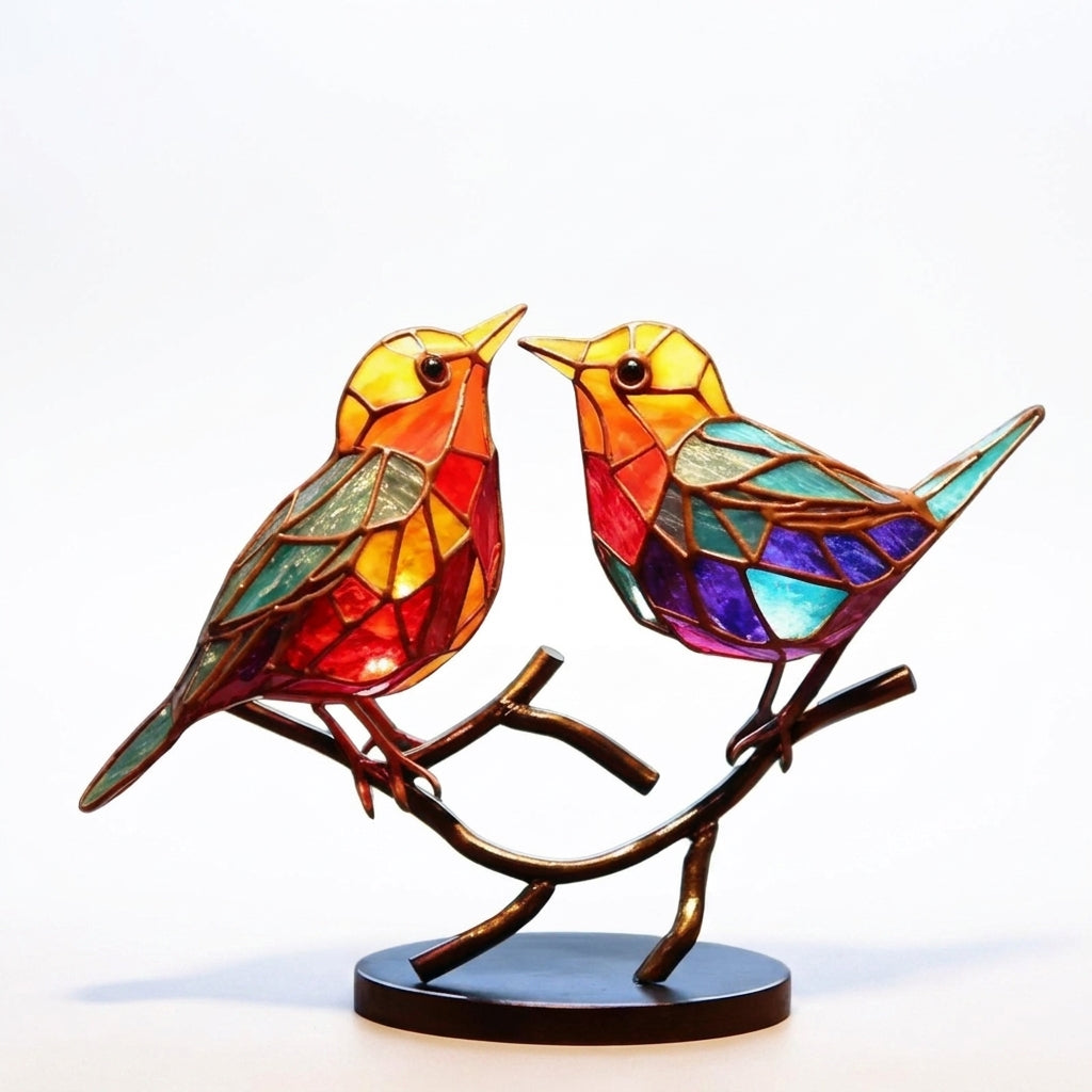 Handmade Glass Birds on a Branch Ornament, Colourful Desk Decor