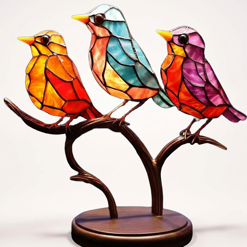 Handmade Glass Birds on a Branch Ornament, Colourful Desk Decor