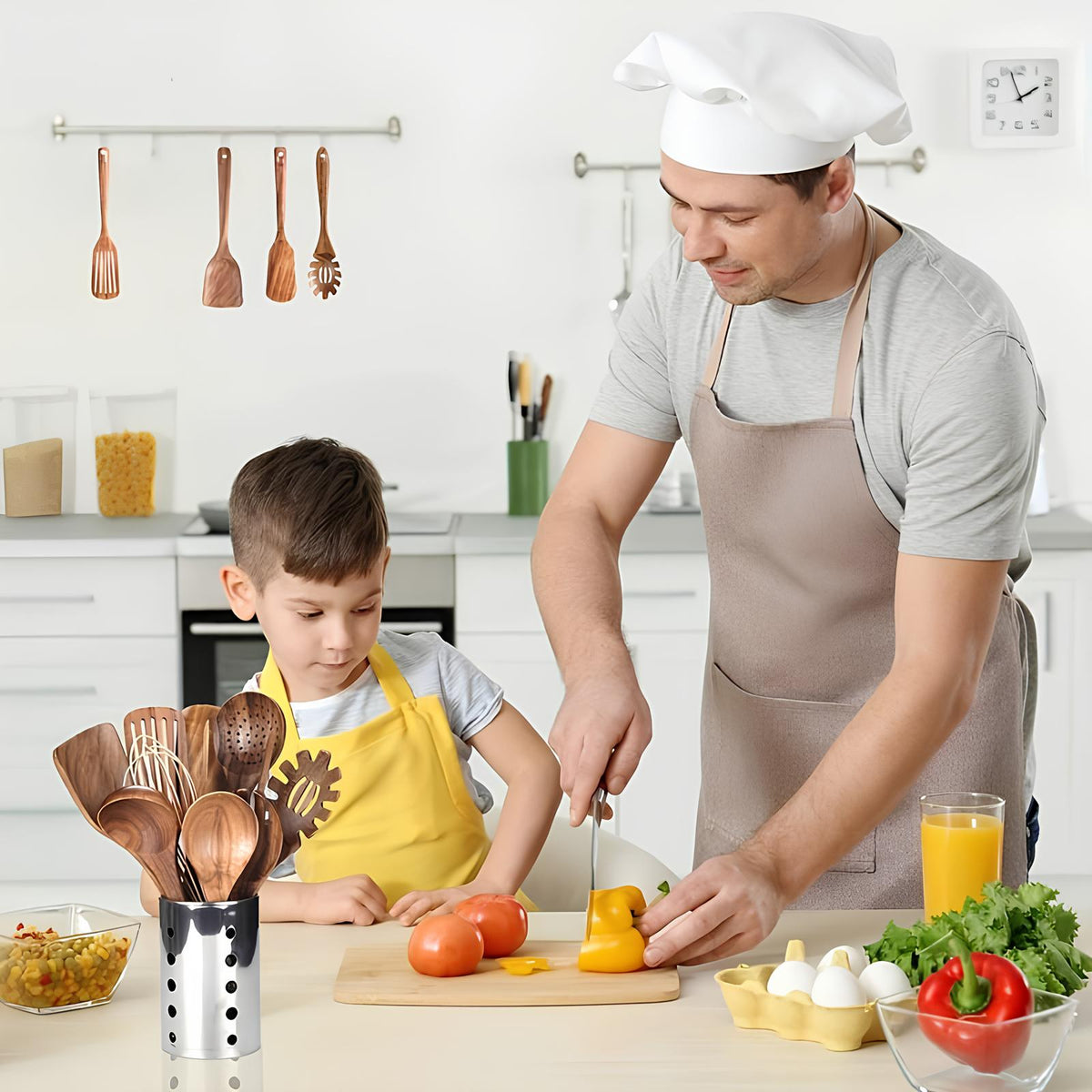 11-Piece Teak Kitchen Utensil Set with Wooden Holder
