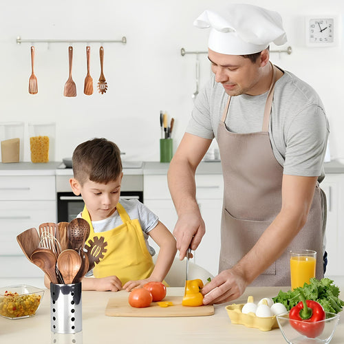 11-Piece Teak Kitchen Utensil Set with Wooden Holder