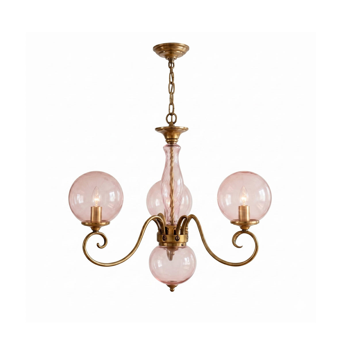 Hand-Blown Glass Chandelier with Aged Brass-Effect Frame, Dimmable