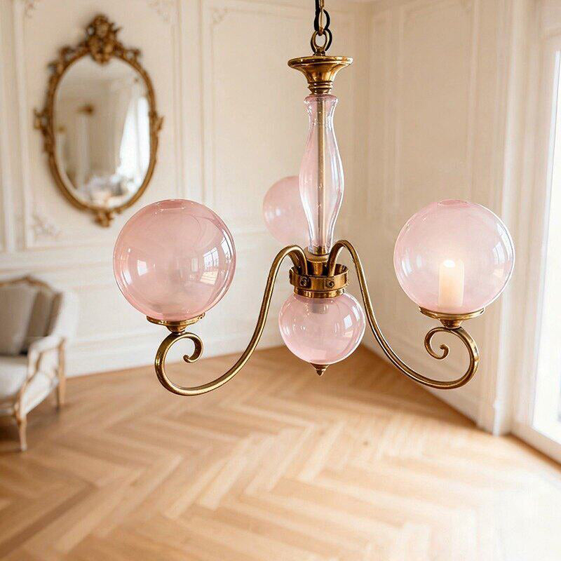 Hand-Blown Glass Chandelier with Aged Brass-Effect Frame, Dimmable