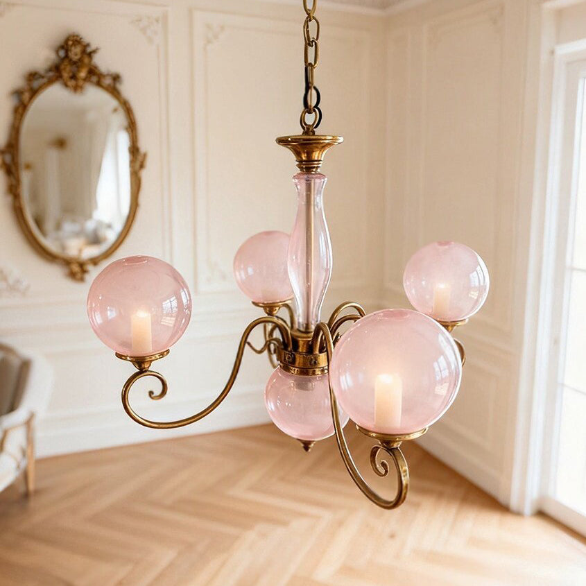 Hand-Blown Glass Chandelier with Aged Brass-Effect Frame, Dimmable