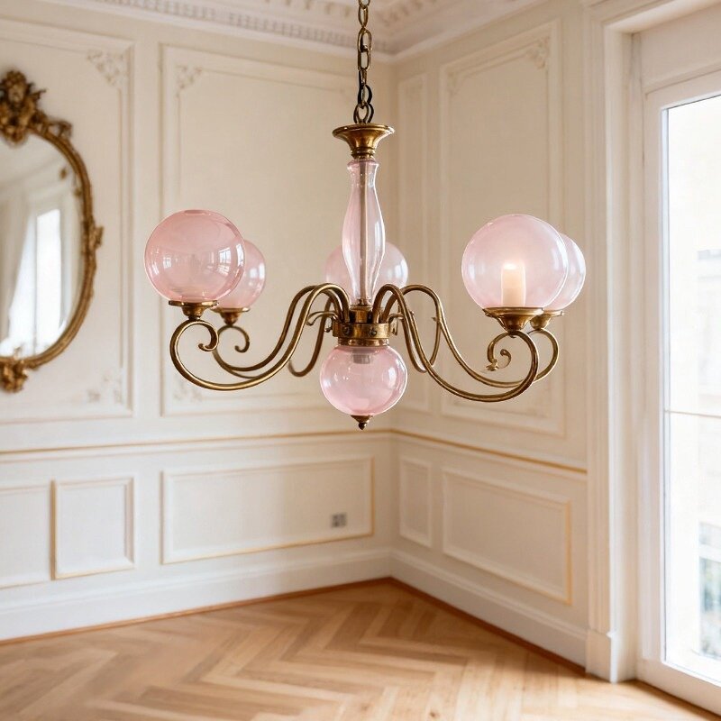 Hand-Blown Glass Chandelier with Aged Brass-Effect Frame, Dimmable