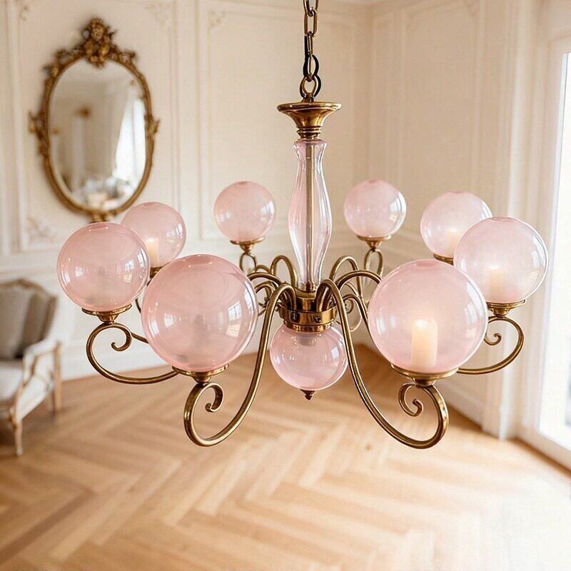 Hand-Blown Glass Chandelier with Aged Brass-Effect Frame, Dimmable