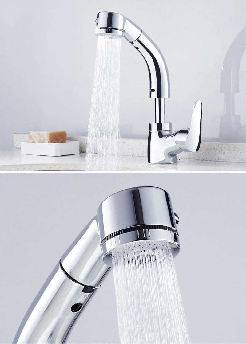 Pull-Out Basin Tap with Flexible Spray Head, Brass Body