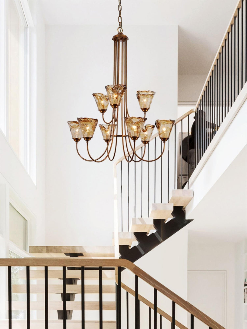 Brass Chandelier with Amber Glass Shades, 5 to 12 Lights