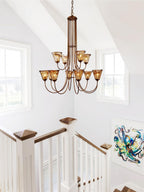 Brass Chandelier with Amber Glass Shades, 5 to 12 Lights