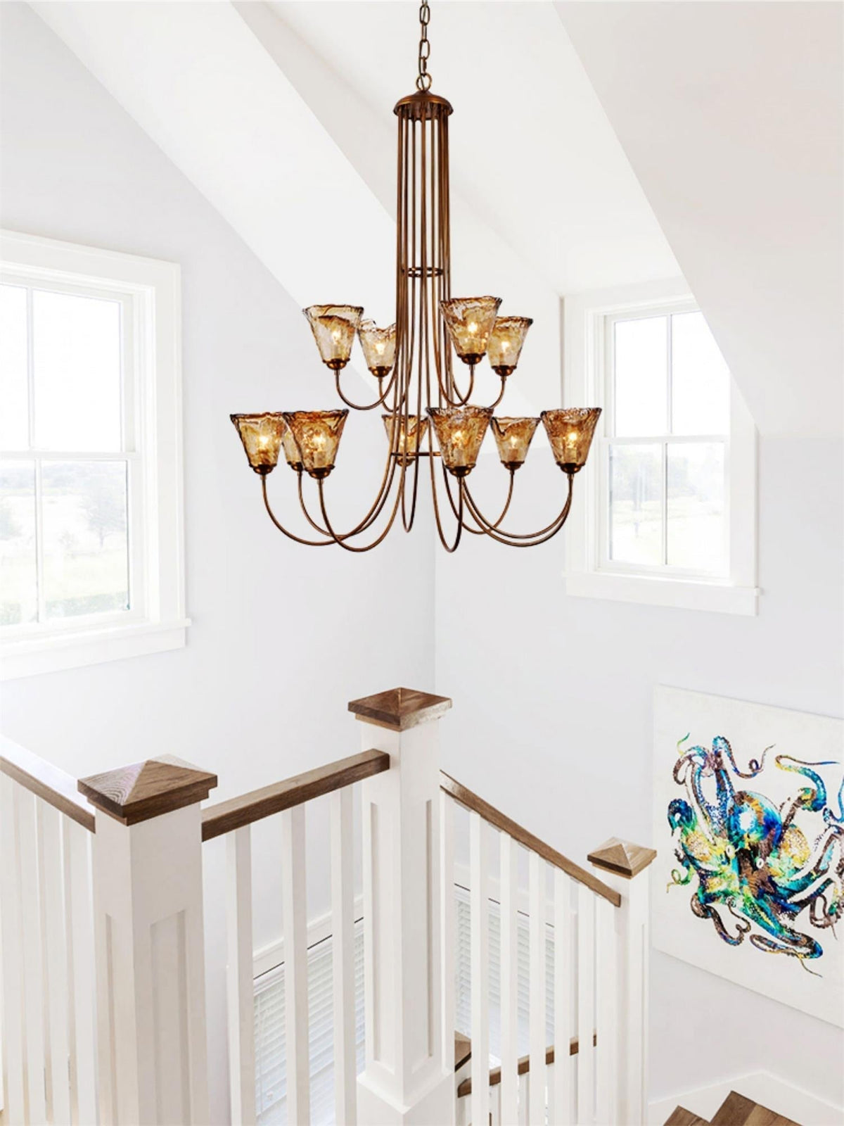 Brass Chandelier with Amber Glass Shades, 5 to 12 Lights