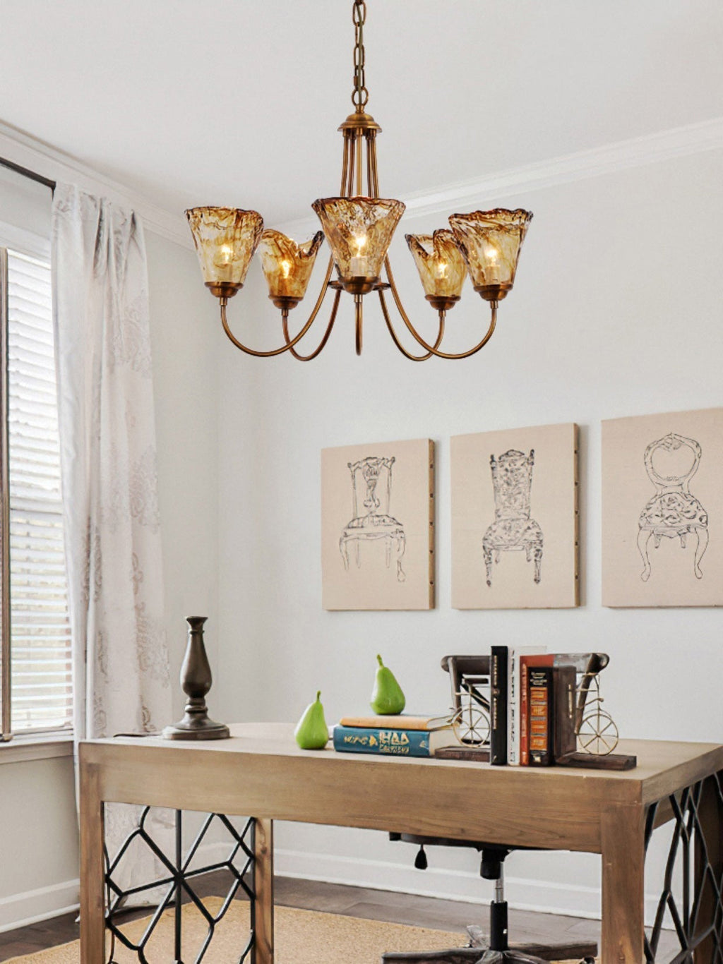 Brass Chandelier with Amber Glass Shades, 5 to 12 Lights