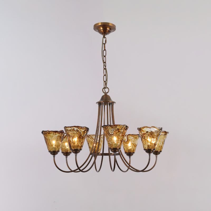 Brass Chandelier with Amber Glass Shades, 5 to 12 Lights