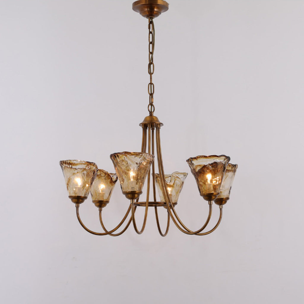 Brass Chandelier with Amber Glass Shades, 5 to 12 Lights