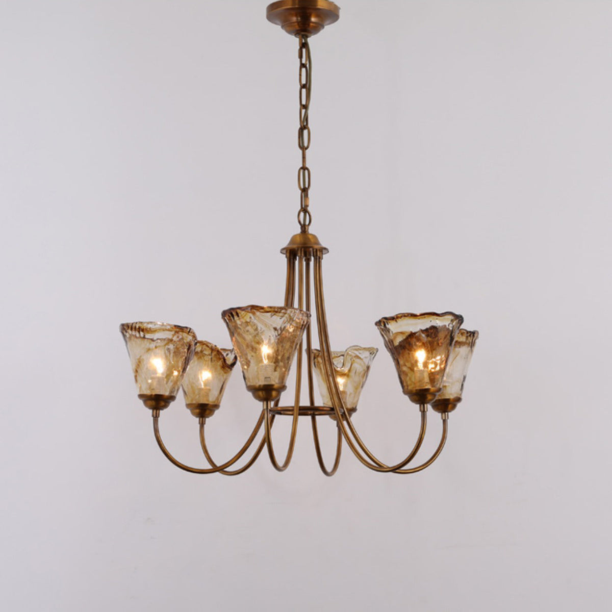 Brass Chandelier with Amber Glass Shades, 5 to 12 Lights