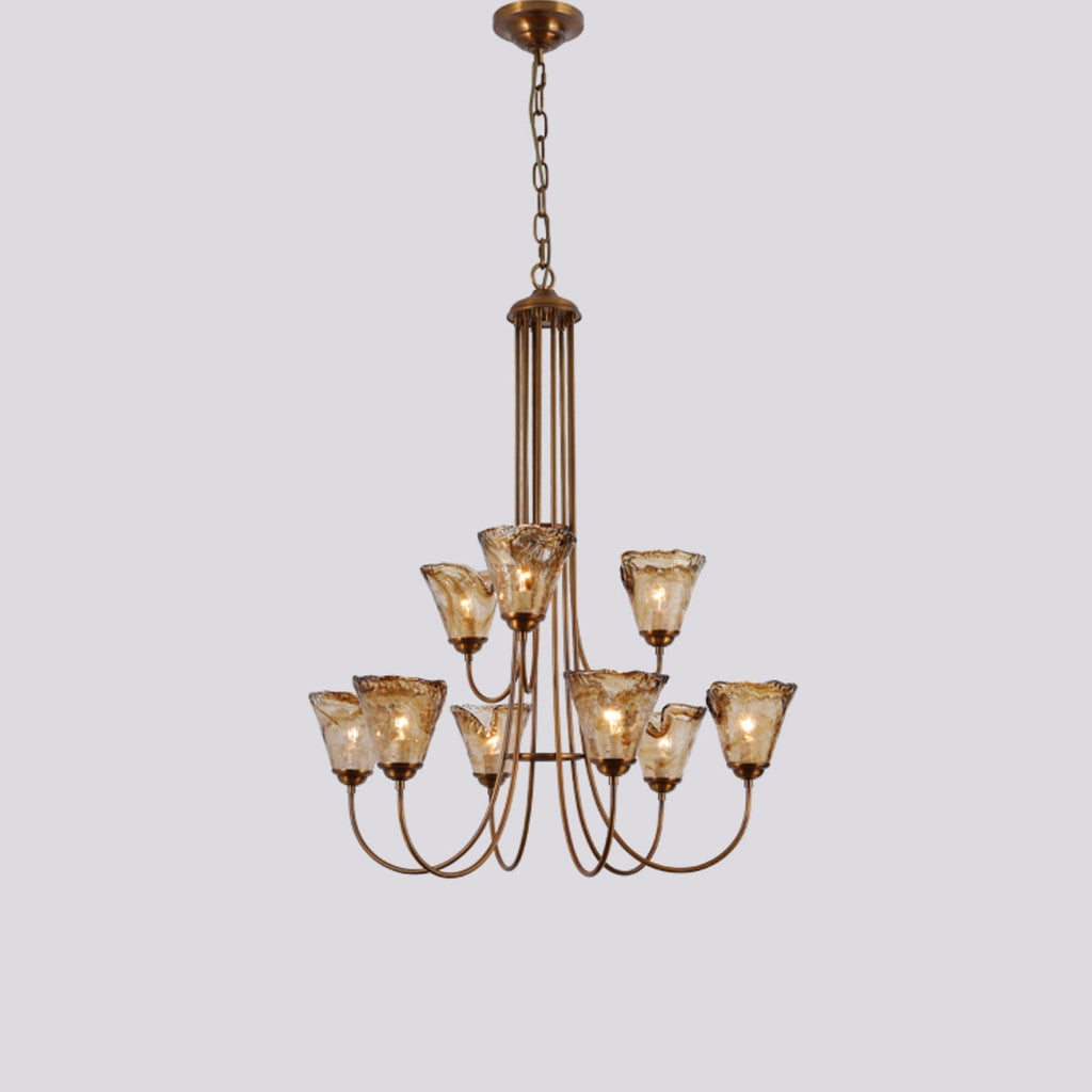 Brass Chandelier with Amber Glass Shades, 5 to 12 Lights