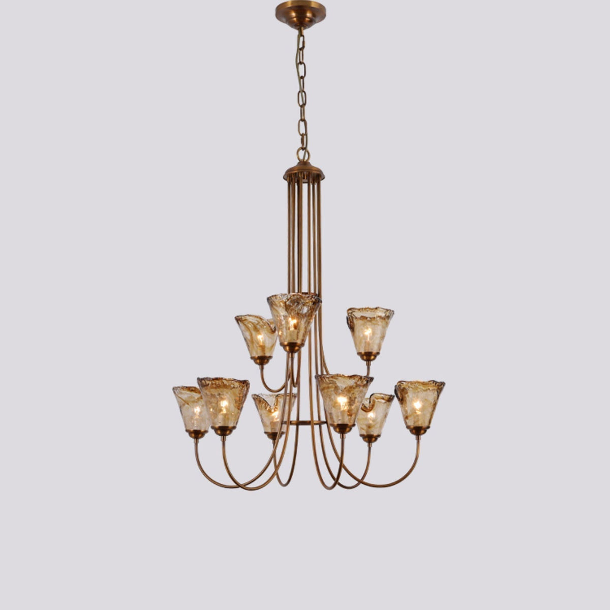 Brass Chandelier with Amber Glass Shades, 5 to 12 Lights
