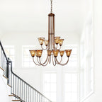 Brass Chandelier with Amber Glass Shades, 5 to 12 Lights