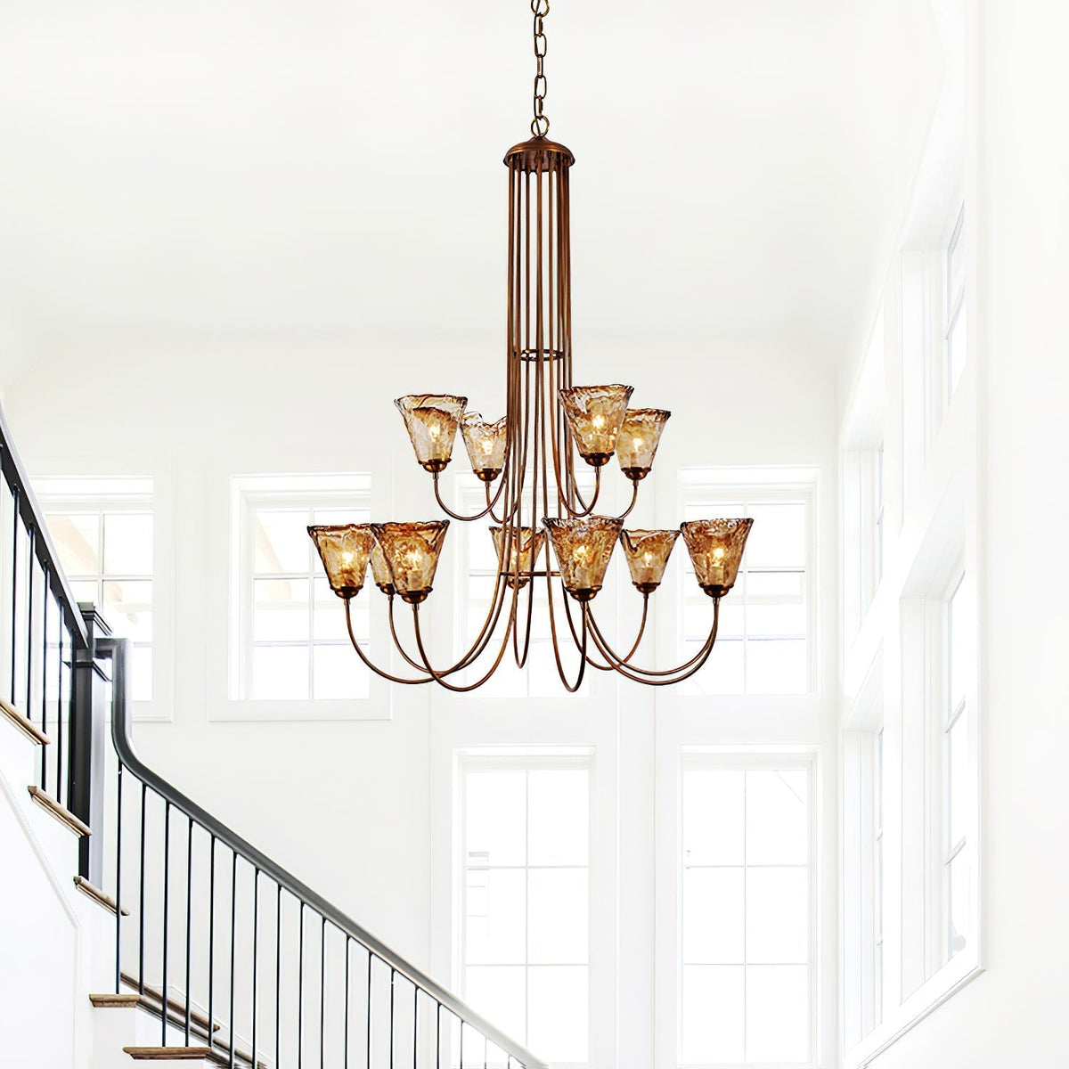 Brass Chandelier with Amber Glass Shades, 5 to 12 Lights