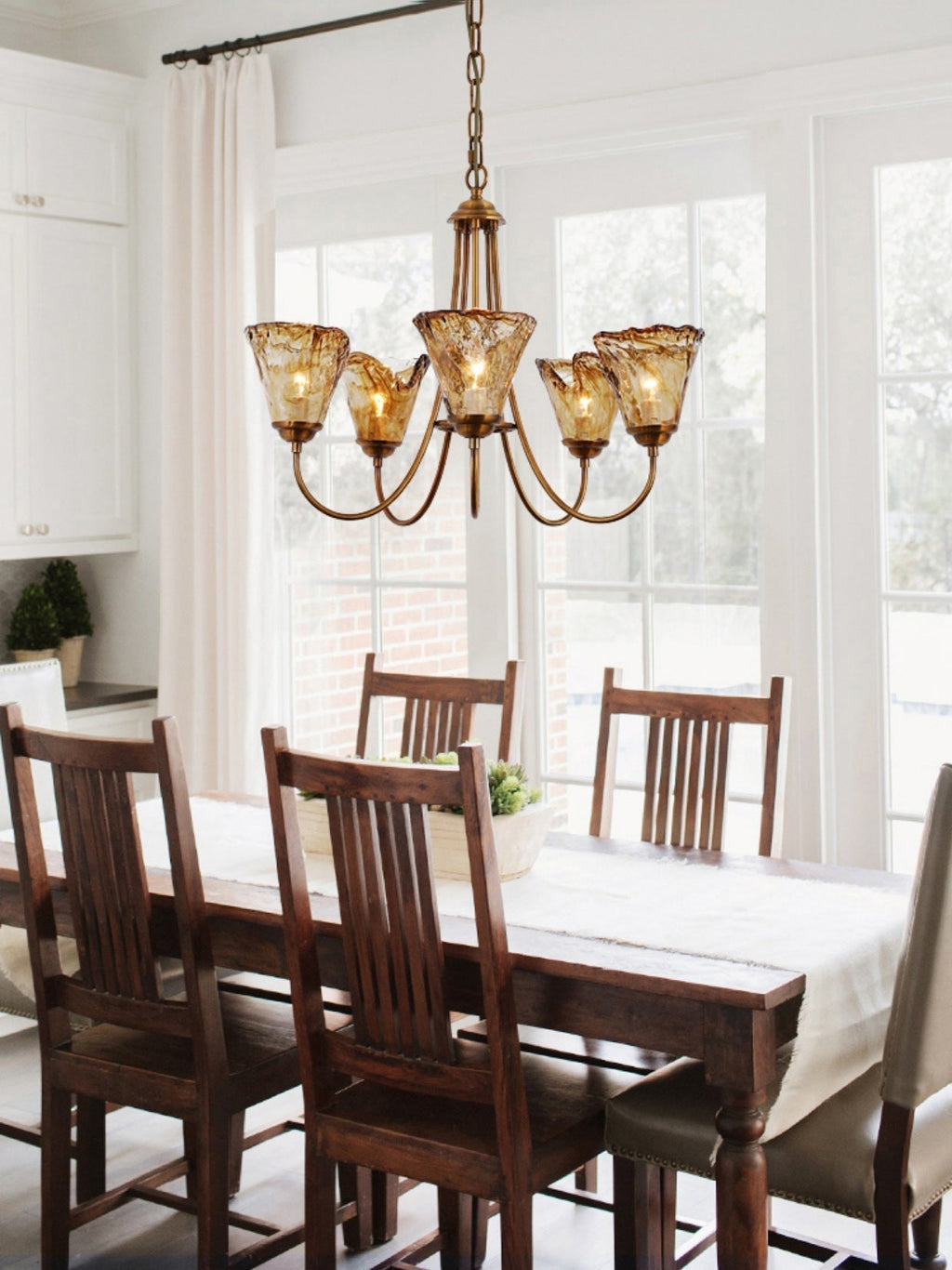 Brass Chandelier with Amber Glass Shades, 5 to 12 Lights