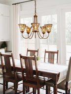 Brass Chandelier with Amber Glass Shades, 5 to 12 Lights