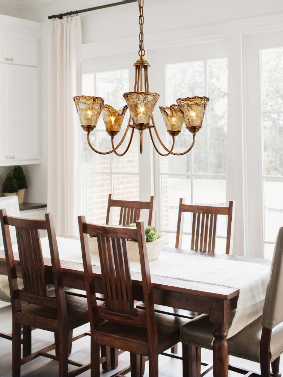 Brass Chandelier with Amber Glass Shades, 5 to 12 Lights