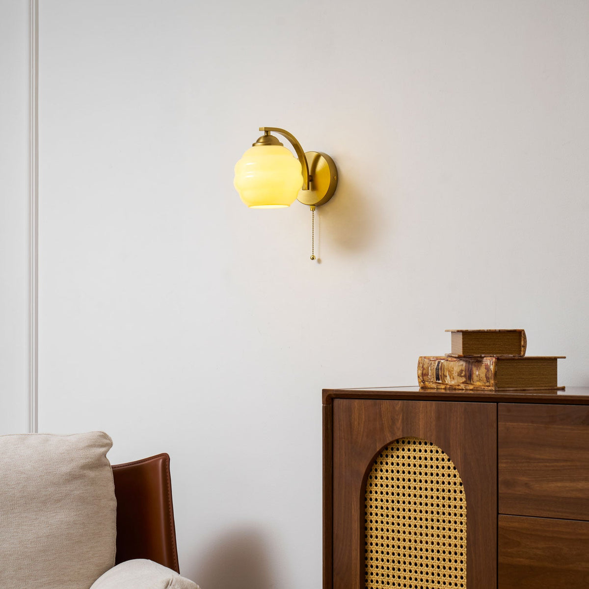 Art Deco Curved Glass Wall Light with Pull-Cord Switch