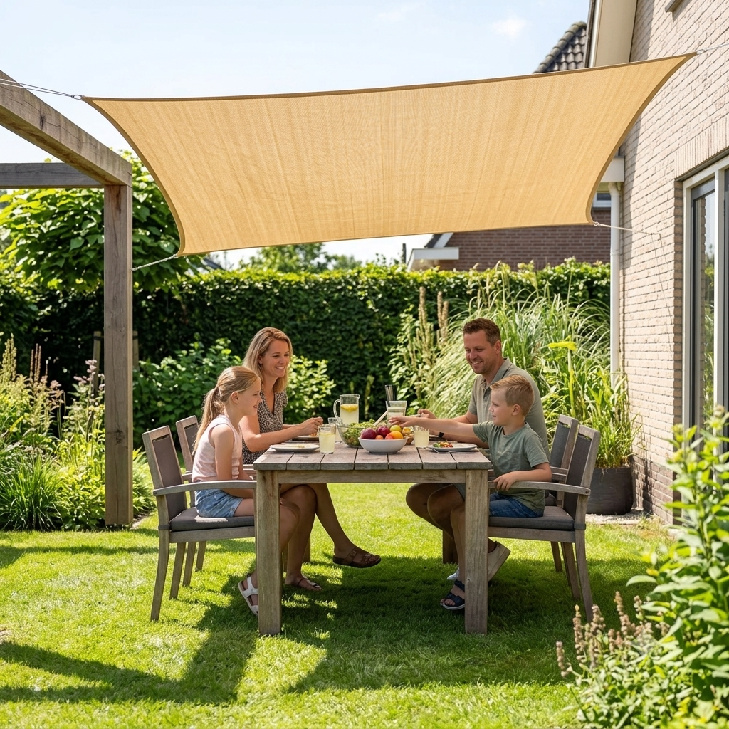 Rectangular Beige Sun Shade Sail, 185 g/m2 Water-Repellent Polyester