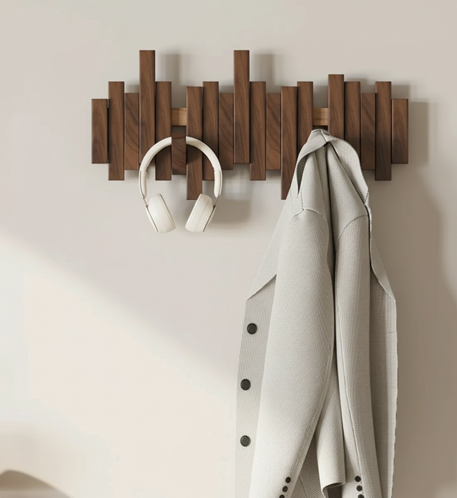 Wooden Wall Coat Rack in Walnut or Beech, 3 to 8 Hooks