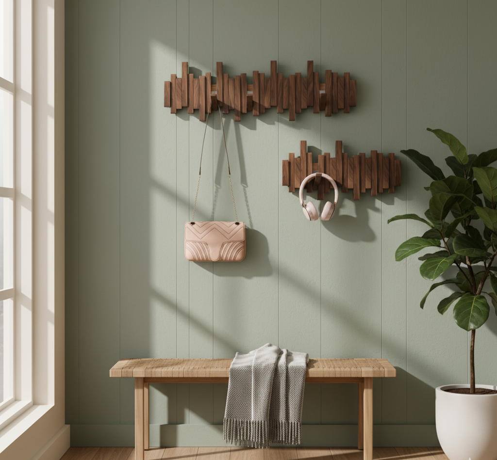 Wooden Wall Coat Rack in Walnut or Beech, 3 to 8 Hooks