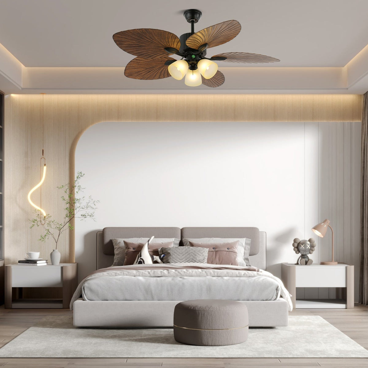 Tropical Ceiling Fan with Light and Wood-Effect Blades, Remote