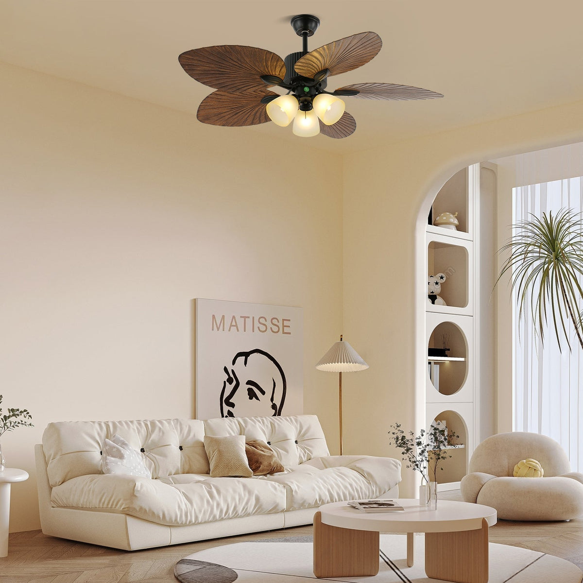 Tropical Ceiling Fan with Light and Wood-Effect Blades, Remote