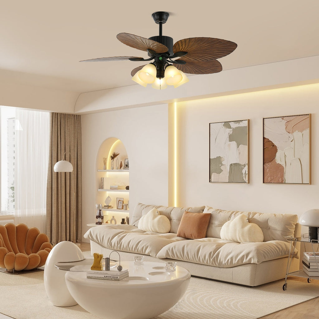 Tropical Ceiling Fan with Light and Wood-Effect Blades, Remote