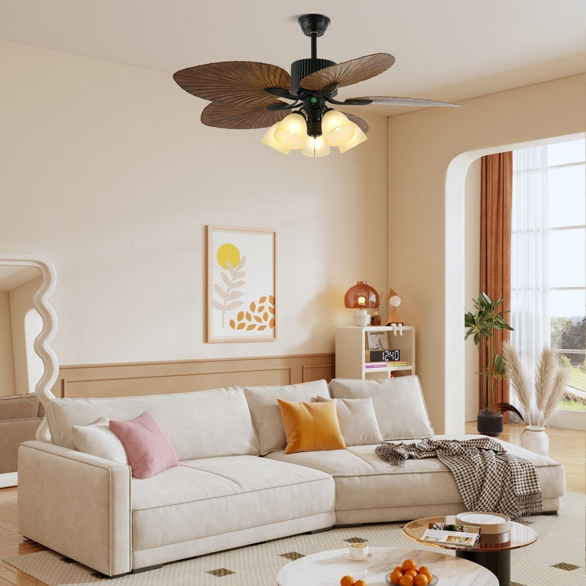 Tropical Ceiling Fan with Light and Wood-Effect Blades, Remote