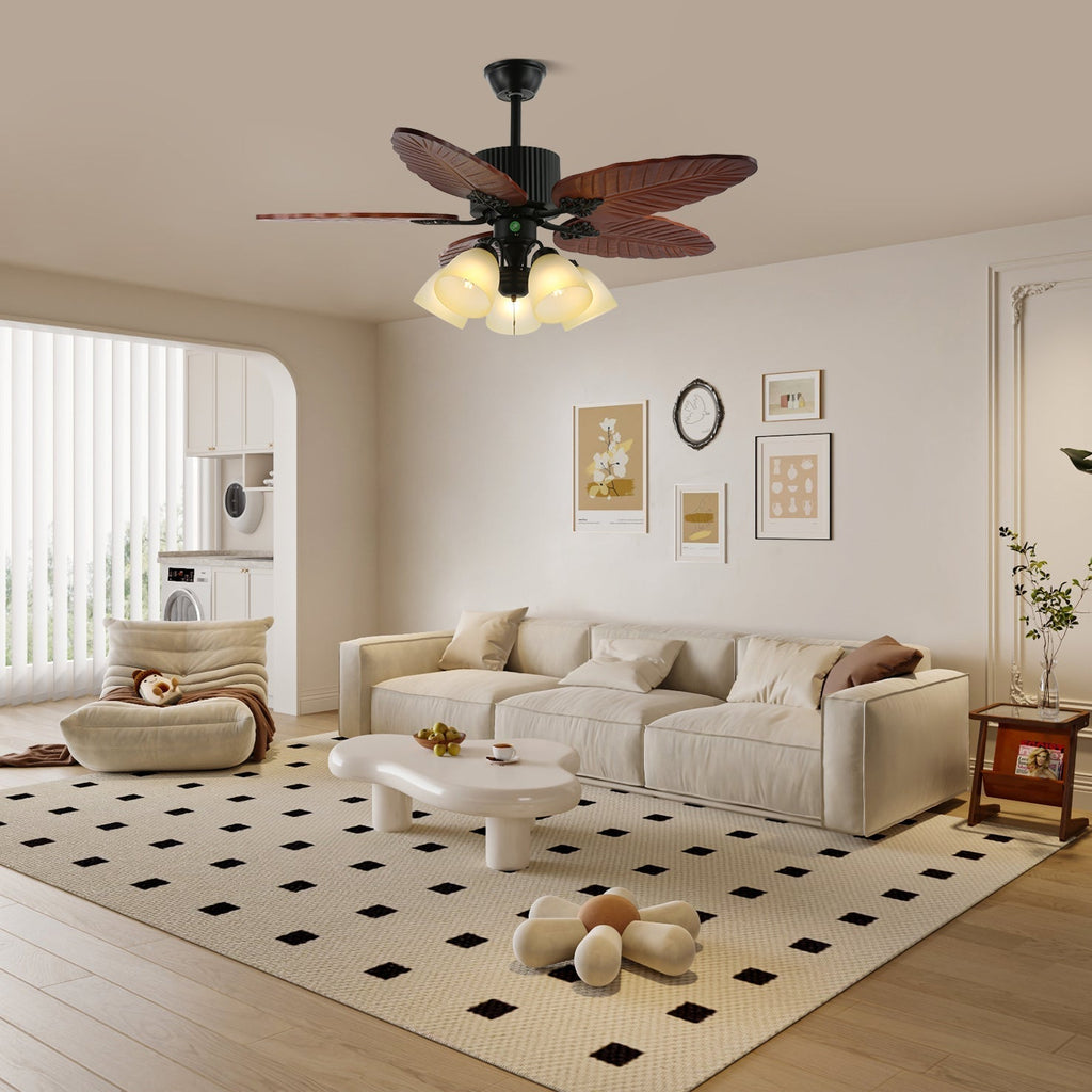 Tropical Ceiling Fan with Light and Wood-Effect Blades, Remote