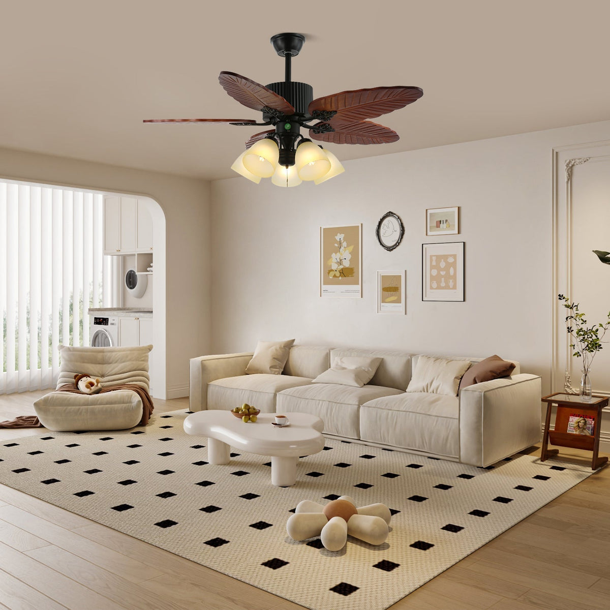 Tropical Ceiling Fan with Light and Wood-Effect Blades, Remote