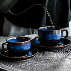 Deep Blue Ceramic Mug and Saucer Set, Coffee or Espresso