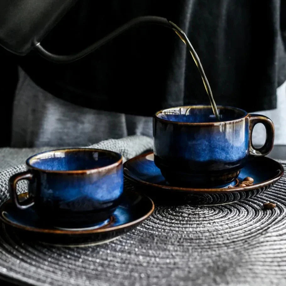 Deep Blue Ceramic Mug and Saucer Set, Coffee or Espresso